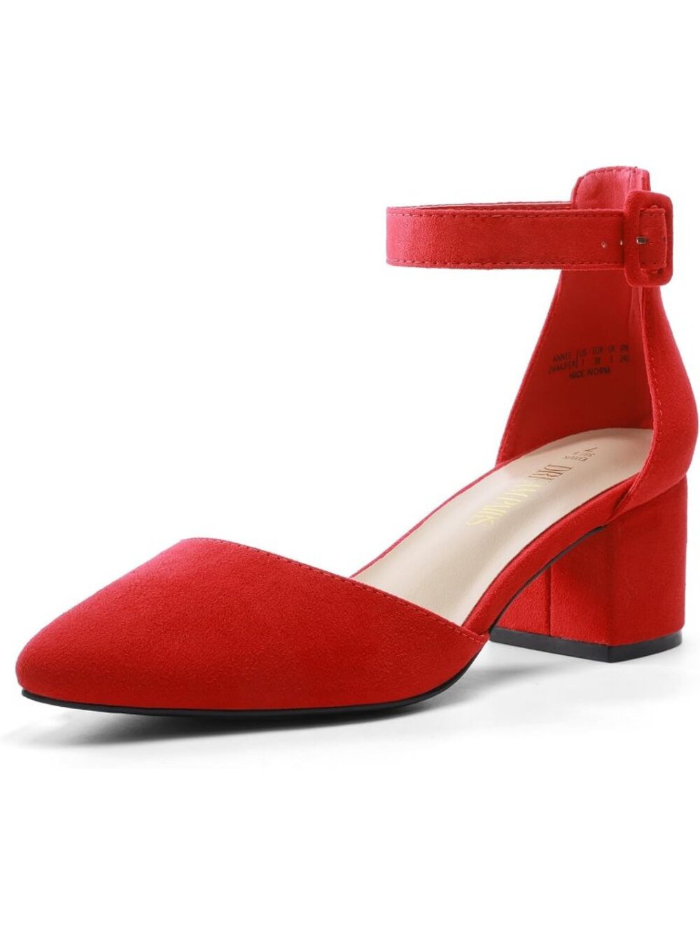 Women's Red Suede ANNEE Closed Toe Low Chunky Block Heel Ankle Strap Pumps Shoes